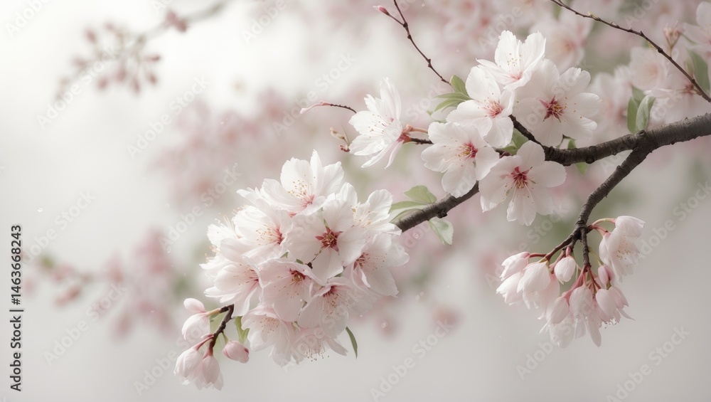 Obraz premium Cherry blossom branch in full bloom on a soft blurred spring background, highlighting white and pink buds with room for text