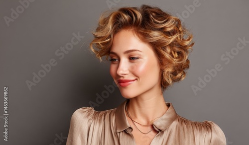 Obraz na płótnie Beautiful Woman with Curly Hair and Stylish Outfit w salonie
