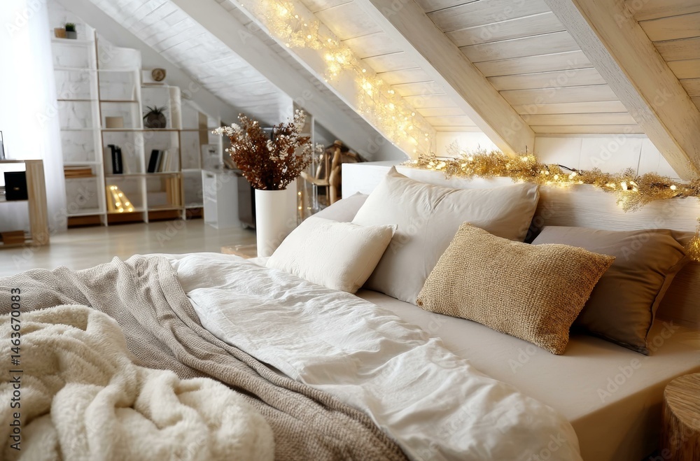 Cozy Loft Bedroom with Warm Lighting