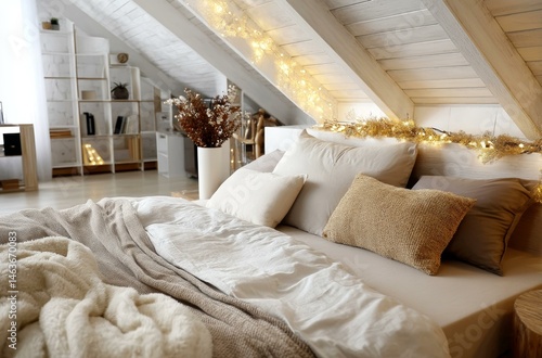 Obraz na płótnie Cozy Loft Bedroom with Warm Lighting w salonie