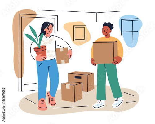 Vector flat cartoon illustration of moving day. People carry personal belongings in hands. Woman and man holding flowerpot and boxes. Home interior and unpacked items, moving to new home