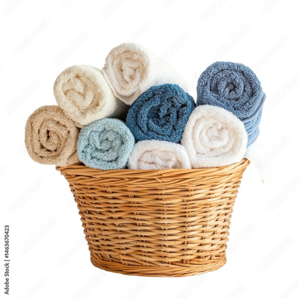 Fototapeta premium Rolled towels in basket home spa isolated on white background