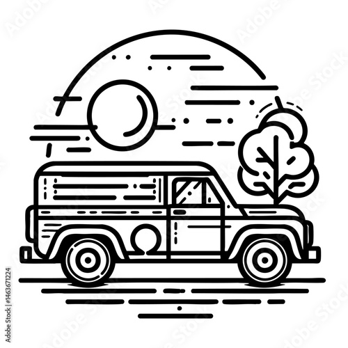Retro SUV Line Art, Vintage Car Journey