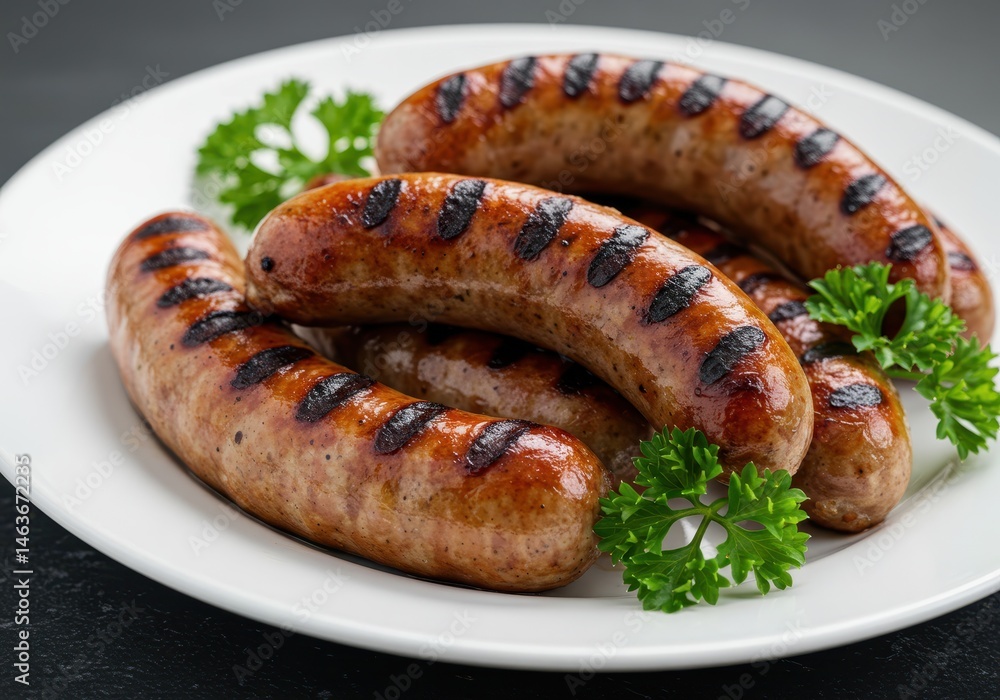 Grilled sausages on a white plate garnished with fresh parsley, showcasing a delicious and appetizing meal Grilled sausages on a white plate garnished with fresh parsley, showcasing a delicious and appetizing meal