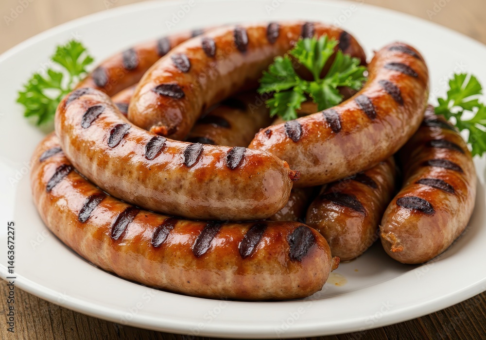 Grilled sausages arranged on a white plate with parsley garnish on a wooden surface Grilled sausages arranged on a white plate with parsley garnish on a wooden surface