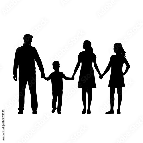 Happy Family Holding Hands, Silhouettes.A silhouette of a family of four, mom, dad, and two children, walking and holding hands.