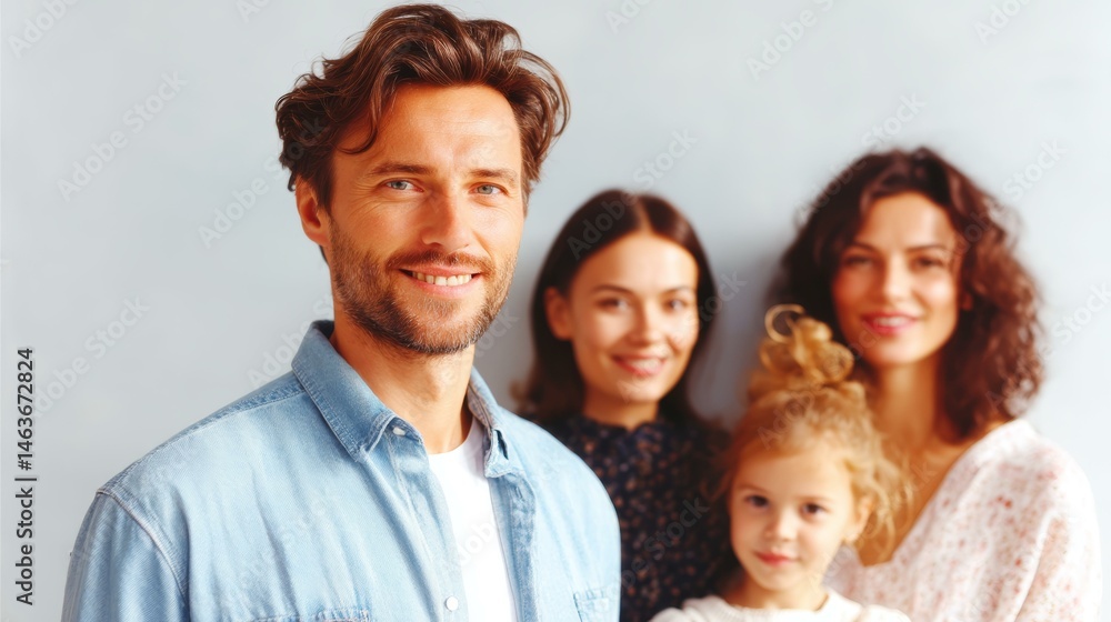 Happy Family Portrait Against Light Gray Background