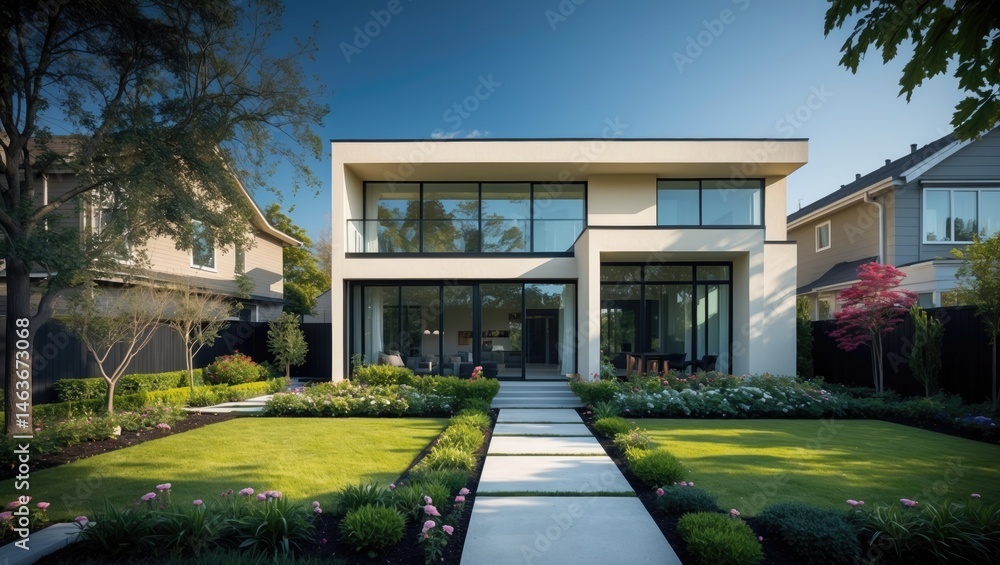 Obraz premium Cream-toned houses with black glass windows, landscaped gardens with trees and lush grass adjacent to the houses