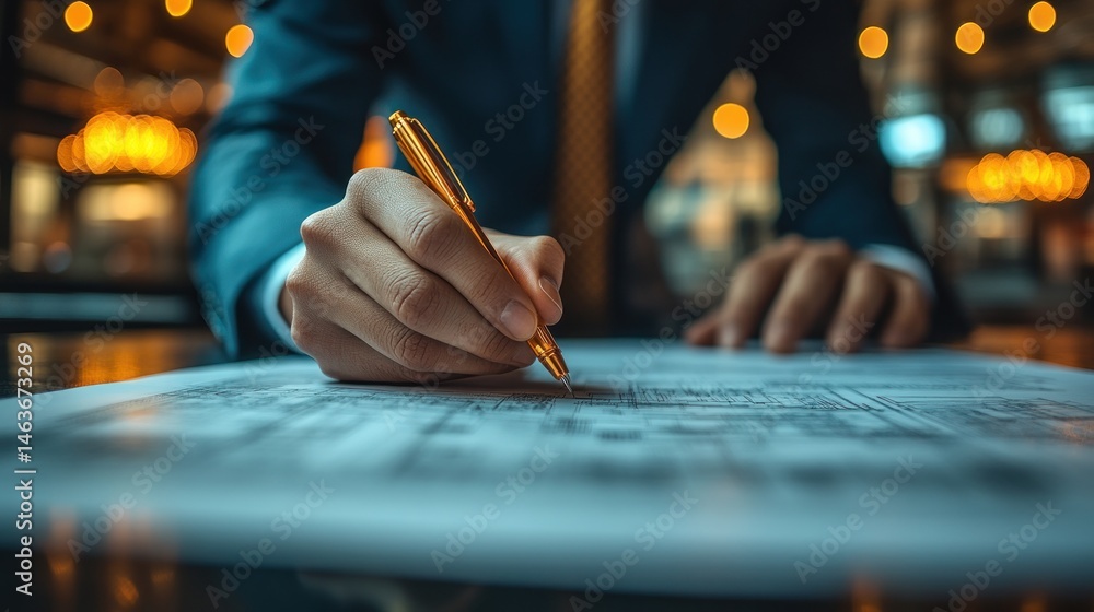 Obraz premium Businessman signing important contract documents, close-up shot of hands and pen.