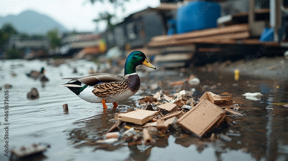 Ducks Encounter Pollution in Wetland Landscape with Water Issues