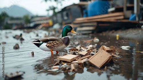 Obraz na płótnie Ducks Encounter Pollution in Wetland Landscape with Water Issues w salonie