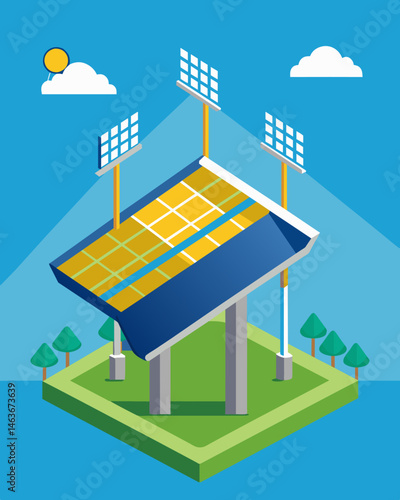 The panels on the stadium not only generate power but also provide shade for spectators creating a more comfortable viewing experience while being environmentally friendly.. Vector illustration