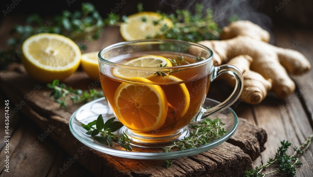 Warm green tea with ginger, lemon, and thyme served on a natural wooden background Warm green tea with ginger, lemon, and thyme served on a natural wooden background