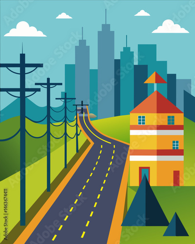 Roads that not only withstand heavy traffic but also generate electricity to power surrounding buildings.. Vector illustration