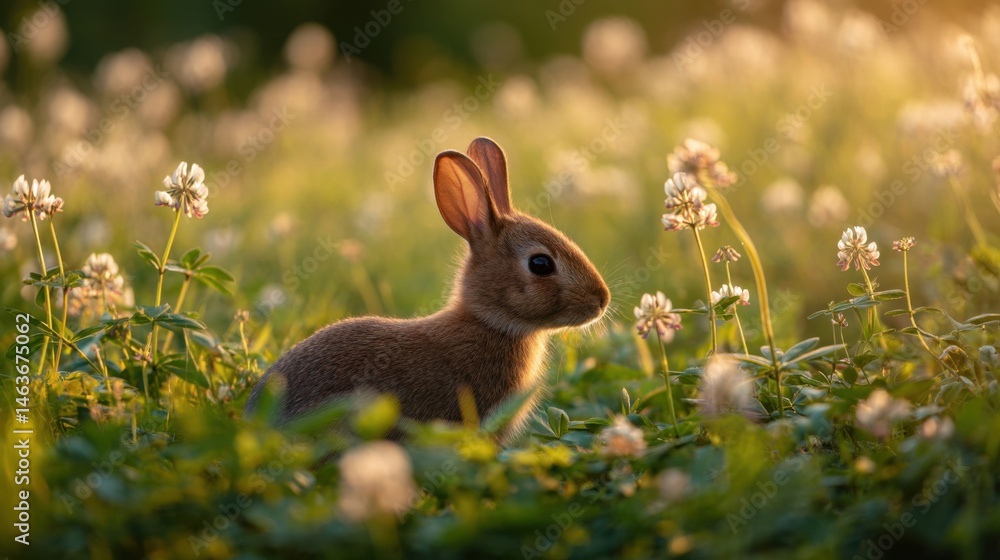 Fototapeta premium Adorable Brown Rabbit Surrounded by Wildflowers in Soft Sunset Light