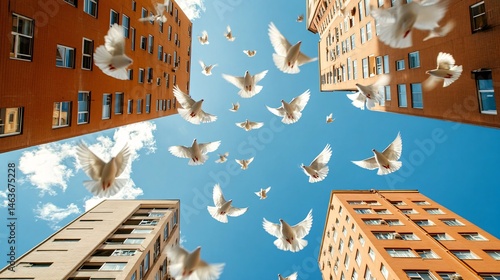 Doves Flying Among Urban Buildings with Soft Sky and Clouds