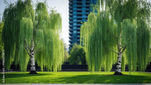 Young Betula pendula with weeping form in a landscaped square photo