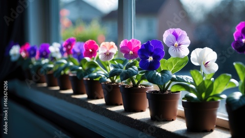 Wallpaper Mural Flowering African violet plants in small pots placed on the windowsill for home decoration Torontodigital.ca