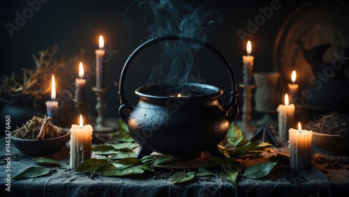 Gothic sacred altar with candles, herbs, and crystals for ritual magic