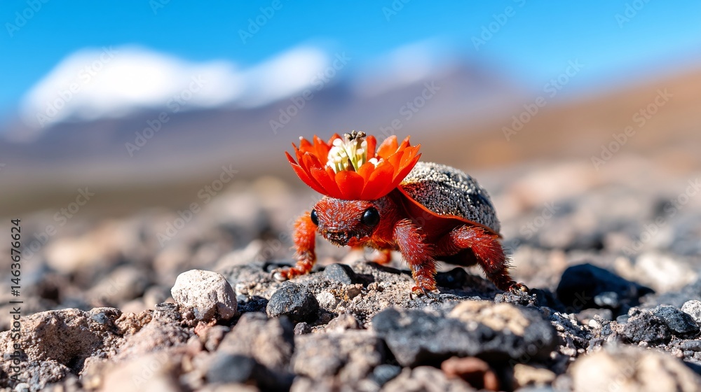 Resilient Insect Adorned with Flower in Harsh Desert Environment