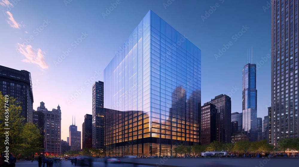 Fototapeta premium A towering office building with clean, straight lines and a reflective glass exterior, blending seamlessly into the modern cityscape