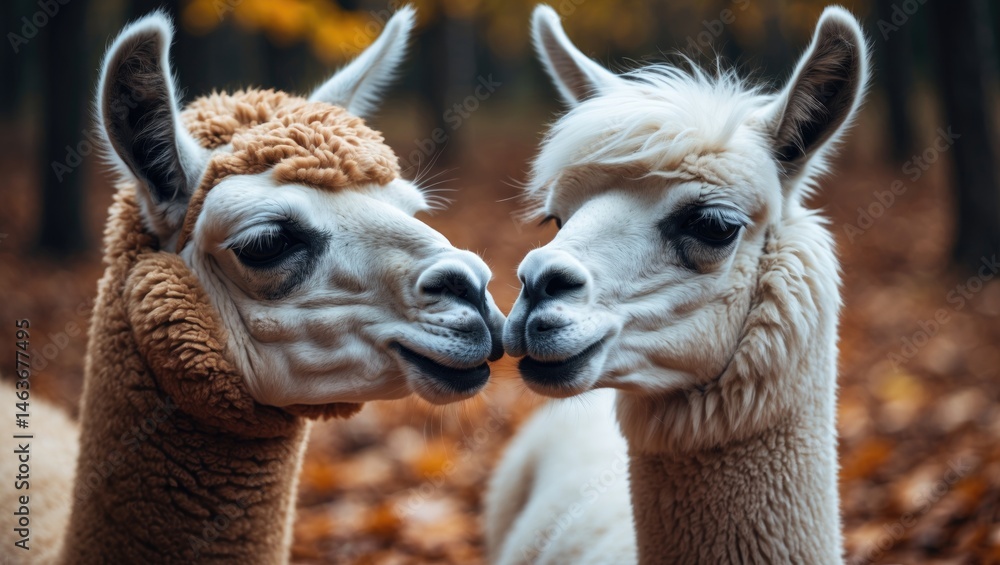 Obraz premium Kissing alpaca and llama. Close-up shot of exotic wildlife. Animal face detail.