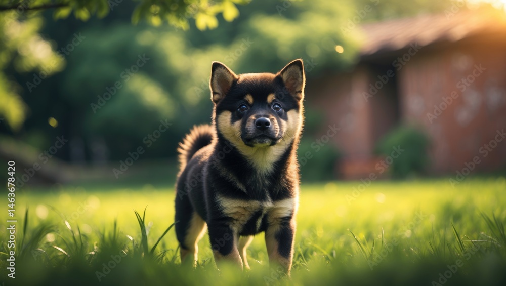 Fototapeta premium Cute black dog of breed in a vibrant green outdoor setting