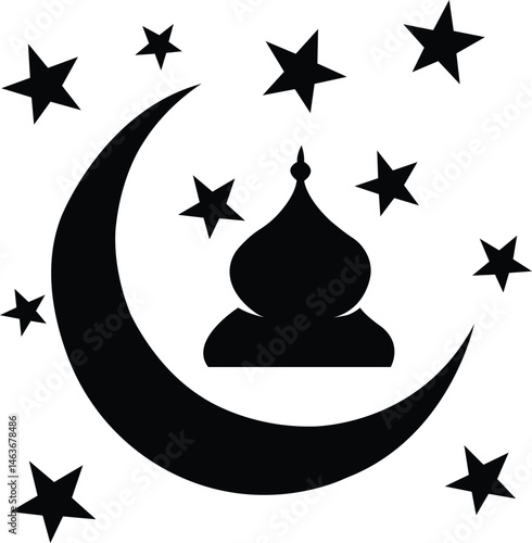Lunar Reverie: A serene, artistic silhouette of a crescent moon, stars, and a domed silhouette, embodies themes of faith and tranquility. 