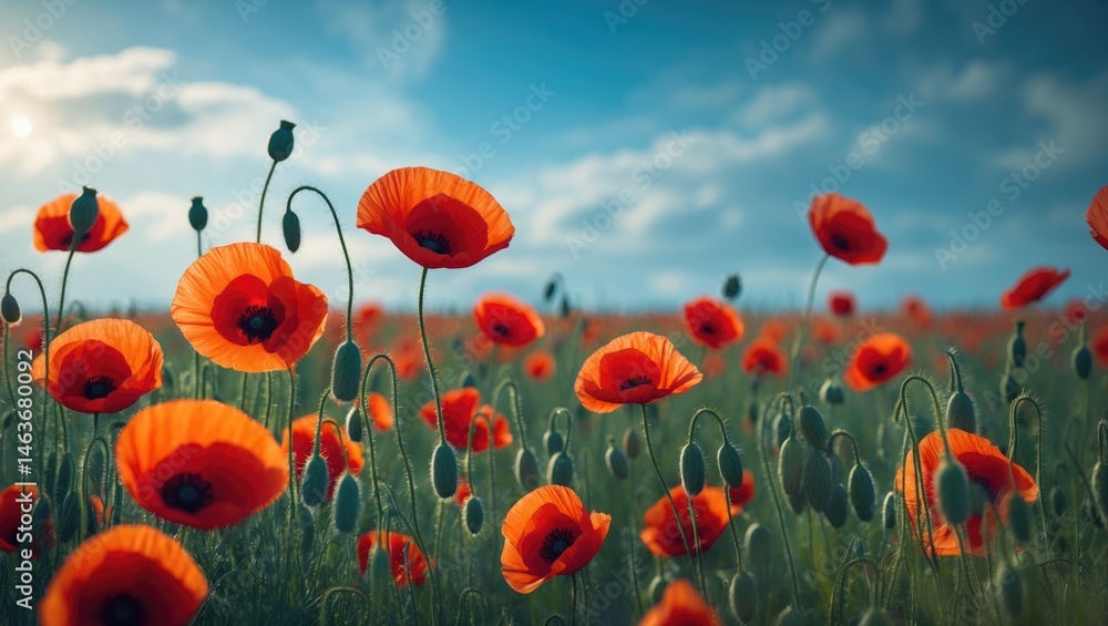 Fototapeta premium Sunset over a battlefield poppy landscape
