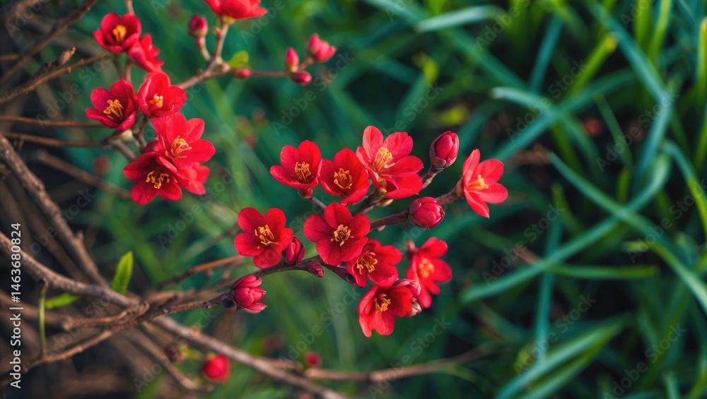 Detailed view of a blooming red flower with lush greenery Detailed view of a blooming red flower with lush greenery