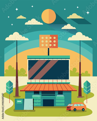 An old baseball field revitalized into a solarpowered dri cinema featuring a massive screen and classic concession stands revamped with environmentallyfriendly options.. Vector illustration