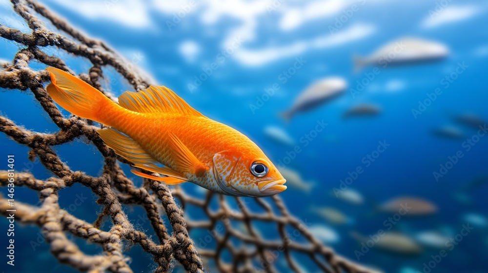 Bright Orange Fish Near Coral Reef and Fishing Net Underwater