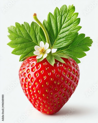 Ripe Red Strawberry with Green Leaves and White Flower on White Background
