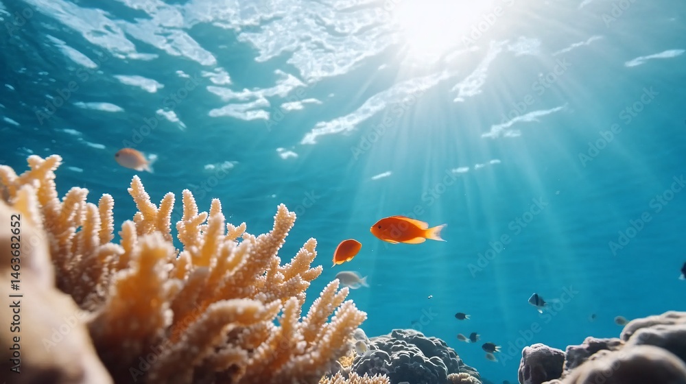 Vibrant Coral Reef with Tropical Fish Under Sunlit Waters