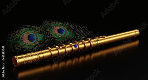 Elegant Golden Flute with Peacock Feathers on Reflective Black Surface