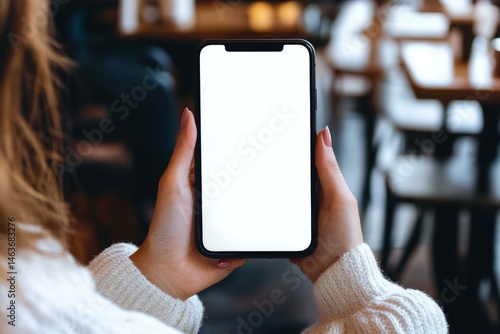 Woman Holding Smartphone in Cafe Setting