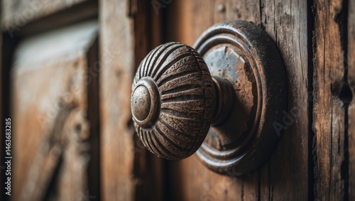 Vintage wooden door knocker with natural carved details and textured background