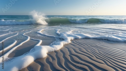 Fototapeta Naklejka Na Ścianę i Meble -  Relaxing sandy beach background featuring ocean waves and sea splash patterns