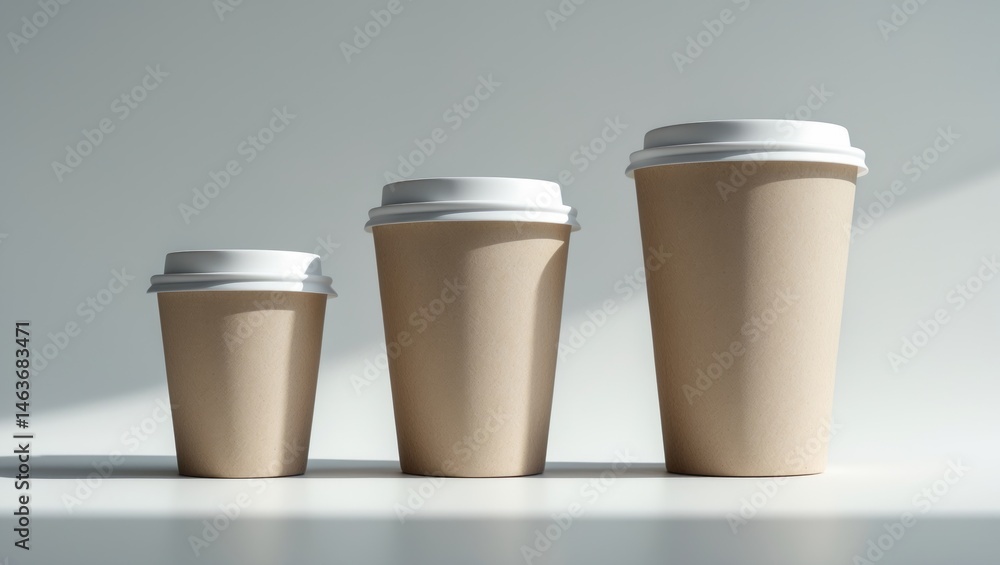 Different-sized paper coffee cups displayed on a background in a collage Different-sized paper coffee cups displayed on a background in a collage