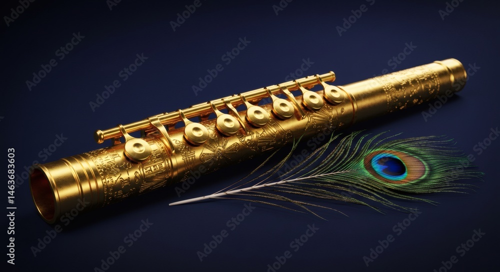 Naklejka premium Elegant Golden Flute with Peacock Feather on Dark Background Display