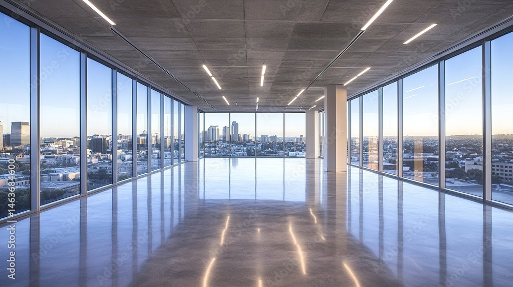 Empty office room with transparent glass partitions, polished floors, and floor-to-ceiling windows revealing a bustling cityscape Empty office room with transparent glass partitions, polished floors, and floor-to-ceiling windows revealing a bustling cityscape