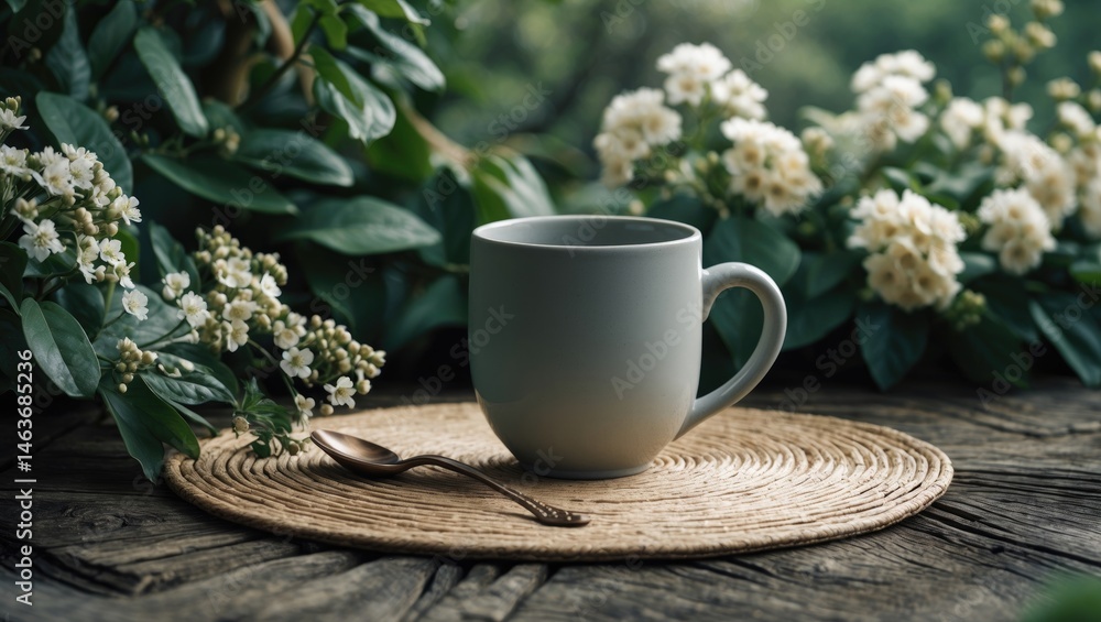 custom made wallpaper toronto digitalA peaceful outdoor scene featuring a ceramic cup on a woven mat, encircled by fragrant blossoms.