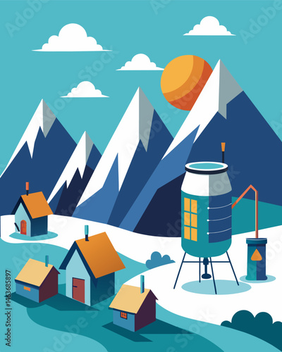 In a remote mountain village the solarpowered water heaters have been a game changer allowing residents to take hot baths even during harsh winters without the need for firewood.. Vector illustration