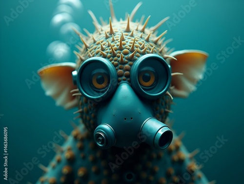 freaky underwater creature wearing oxygen mask with bubbles 