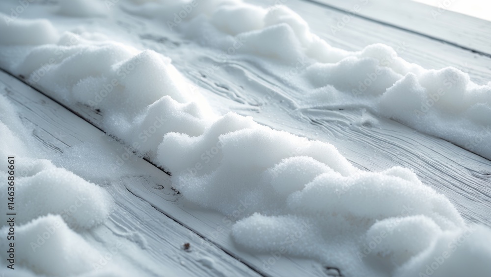 Winter-themed white wooden surface with snow and minimal flat lay style Winter-themed white wooden surface with snow and minimal flat lay style