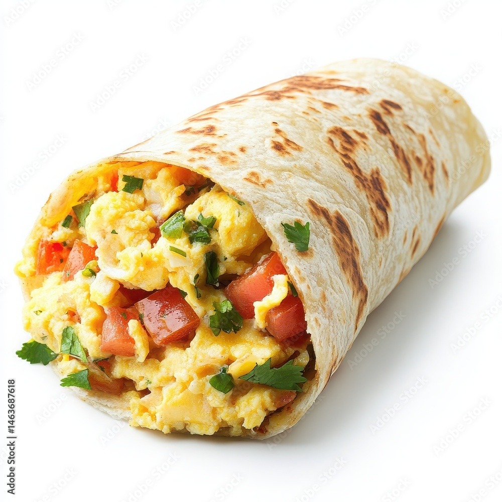 Scrambled egg and tomato burrito on white background Scrambled egg and tomato burrito on white background