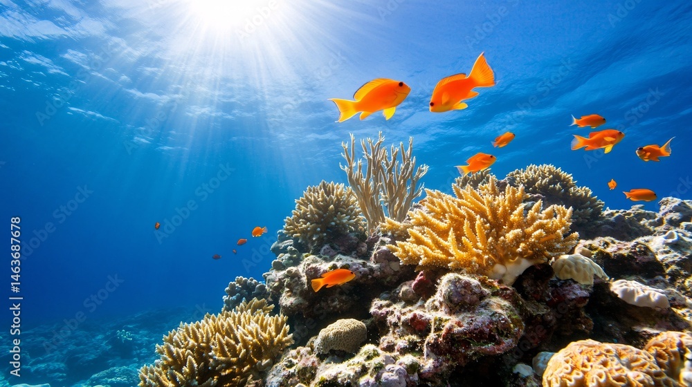 Vibrant Coral Reef Ecosystem with Colorful Fish Under Sunlight