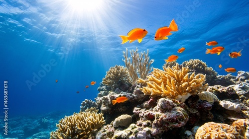 Obraz na płótnie Vibrant Coral Reef Ecosystem with Colorful Fish Under Sunlight w salonie