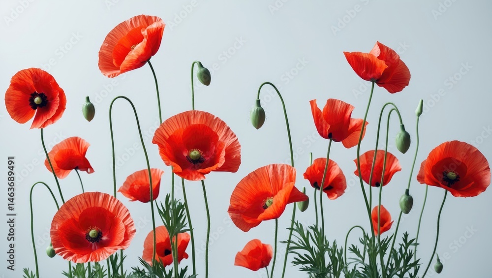 Fototapeta premium Elegant Red Poppies Featuring White Background