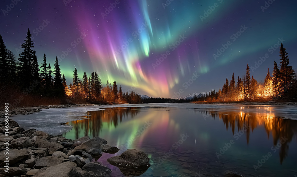 Obraz premium Colorful northern lights reflecting on a calm lake at night with trees
